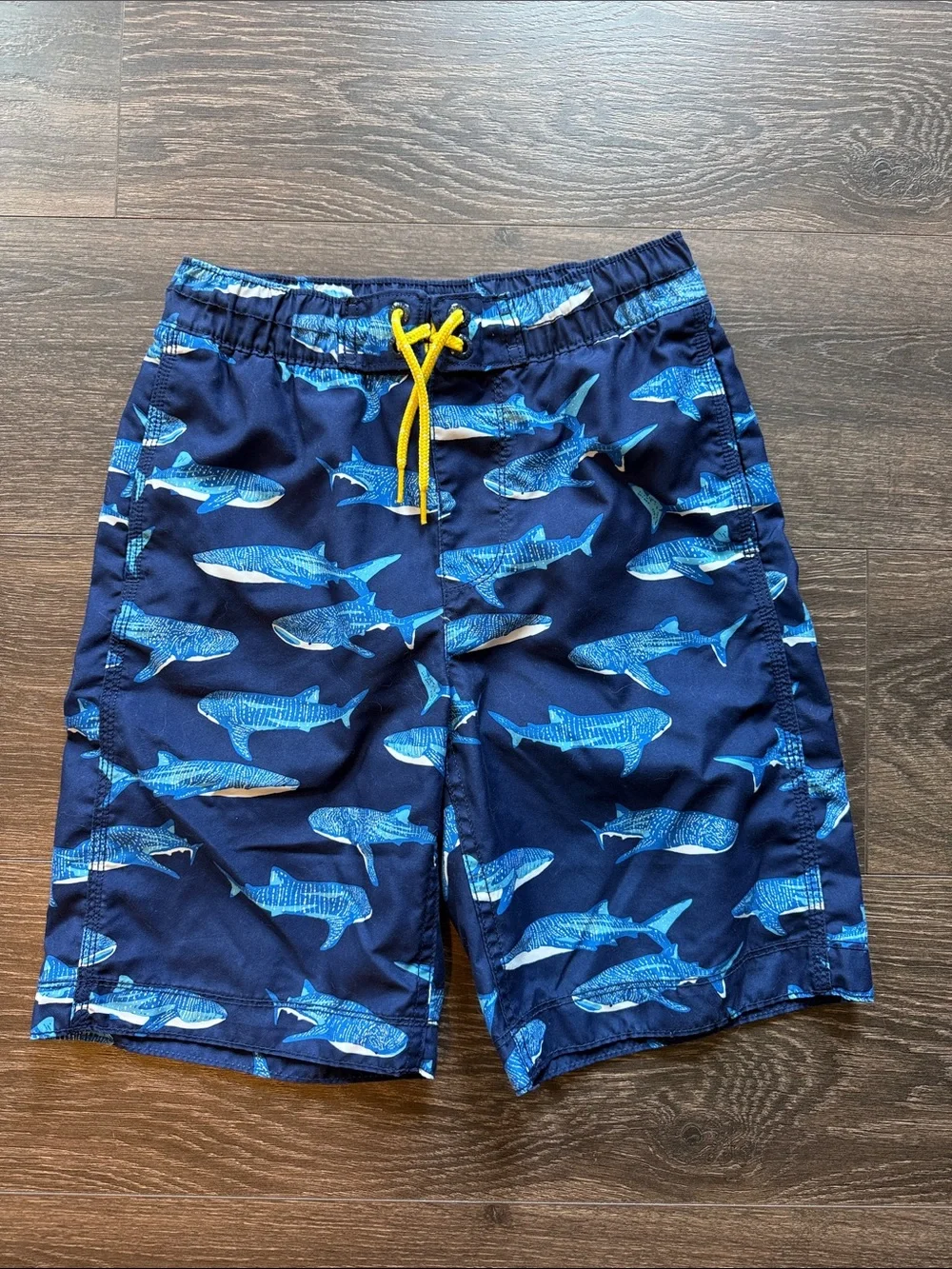 GAP Boys Navy Shark Swim Trunks with Yellow Drawstring